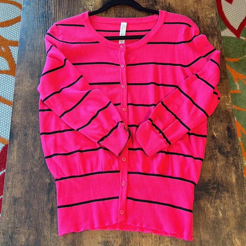Rina Rossi Sz Large hot pink/black striped 3/4 sleeve cardigan sweater.